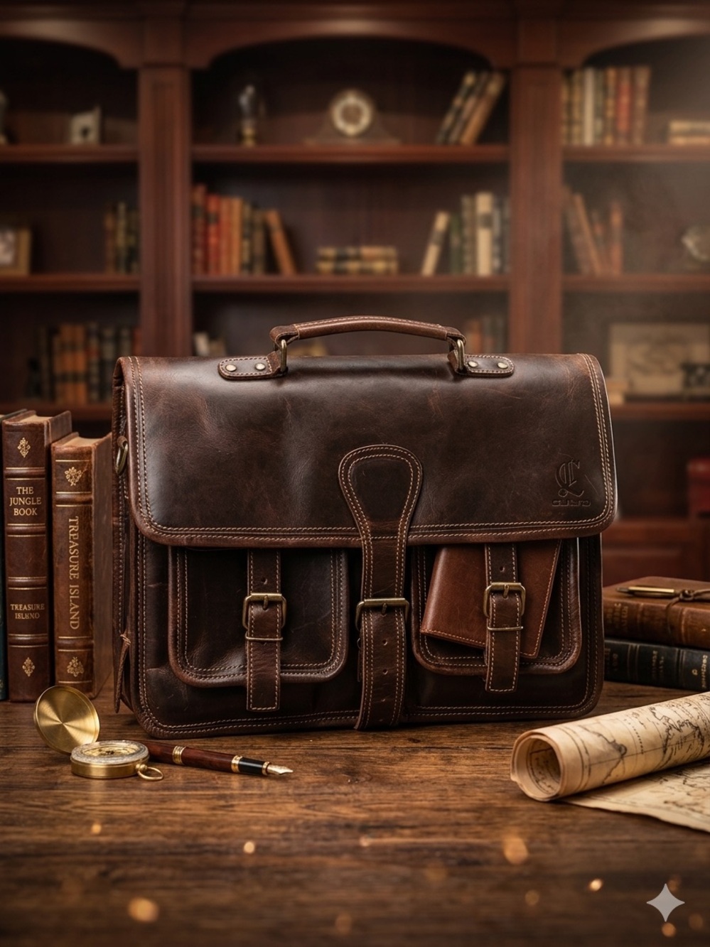 Heritage Brown Leather Briefcase with Front Pockets - Unbranded